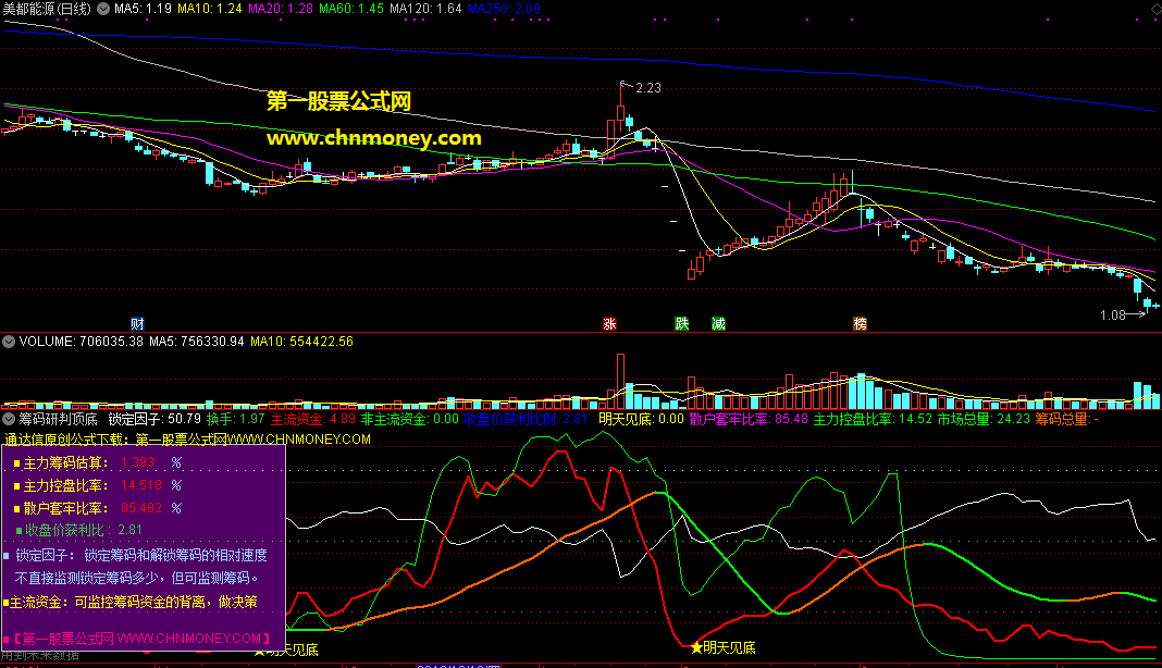 筹码研判顶底副图带有文字说明让你看清各路资金的意图指标