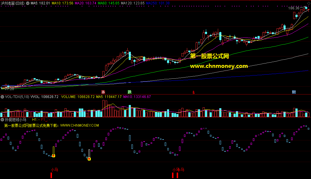 扑捉短线小马副图指标，红色小马出现买入，中间白柱出现是确认