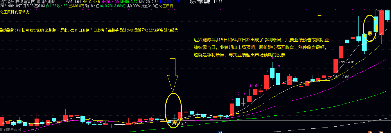 【净利断层】主图指标，包含个股主题概念、九转、回撤最大幅度等，配合业绩用的基本面经典公式