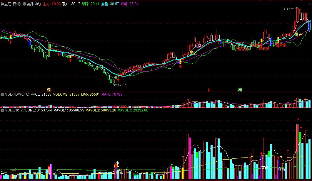 黑牛均线+VOL买卖组合指标 牛点买入 准确率极高 通达信 源码