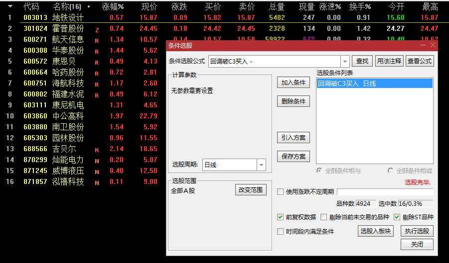 回调破C3买入副图/选股指标 股价盘整反弹后回调跌破C3买入的条件选股指标 通达信 源码