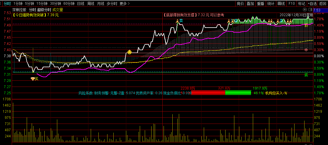 〖超级分时〗分时主图指标 支撑＋压力＋买卖提示 资金进出＋机构买入力度 通达信 源码