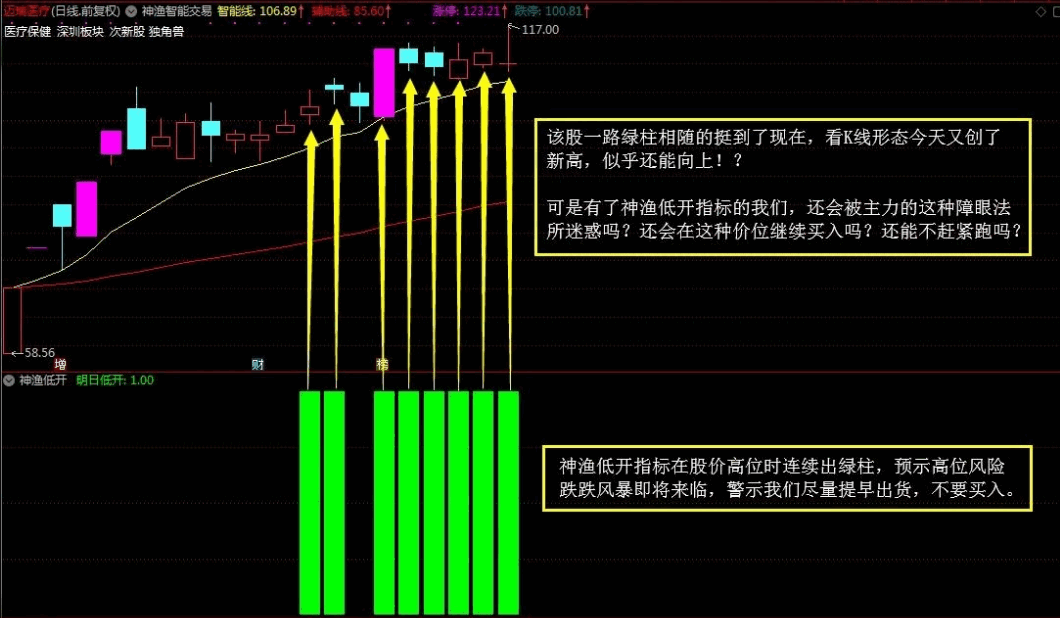 〖神渔低开〗副图指标 给资金安全加个小保险 一款预判明天开盘会大概率低开的神器级指标 通达信 源码