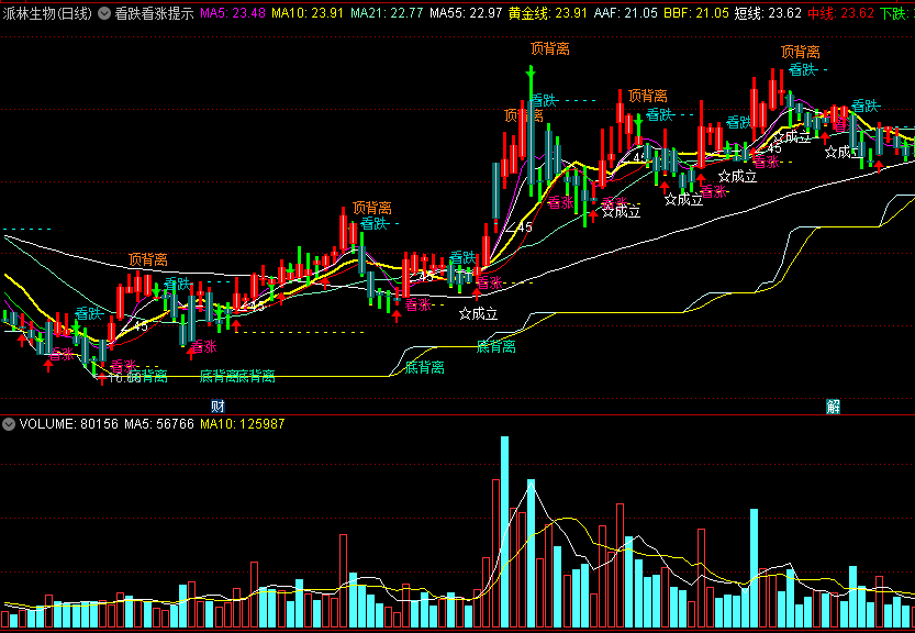 〖看跌看涨提示〗主图指标 底背离顶背离 看涨看跌 立桩量 通达信 源码