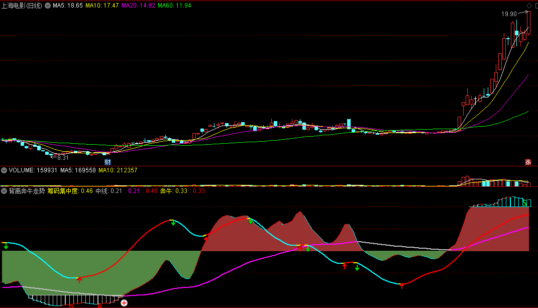 〖背离奔牛走势〗副图指标 筹码集中度 走牛预警 通达信 源码
