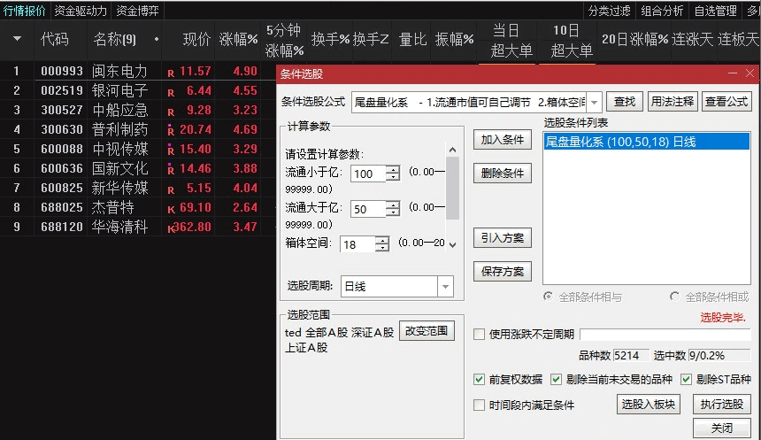 〖尾盘量化选股〗副图/选股指标 强于大盘+主力流入 原理和使用方法 通达信 源码