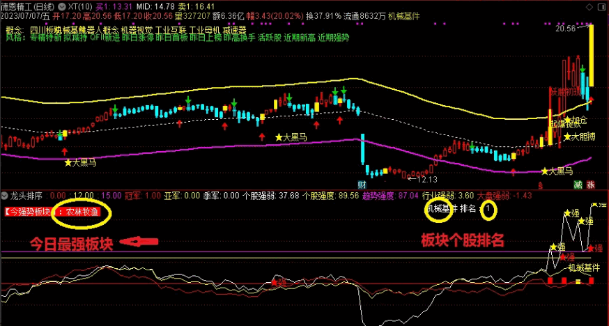 〖龙头排序〗副图指标 强势板块+强势个股 一目了然 无密无未来 通达信 源码