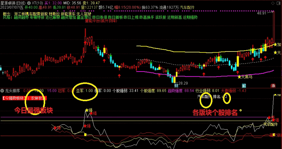 〖龙头排序〗副图指标 强势板块+强势个股 一目了然 无密无未来 通达信 源码