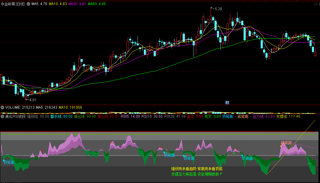 〖美化RSI波段〗副图/选股指标 金叉选股+底背离选股 支撑压力线周期参数可调 通达信 源码