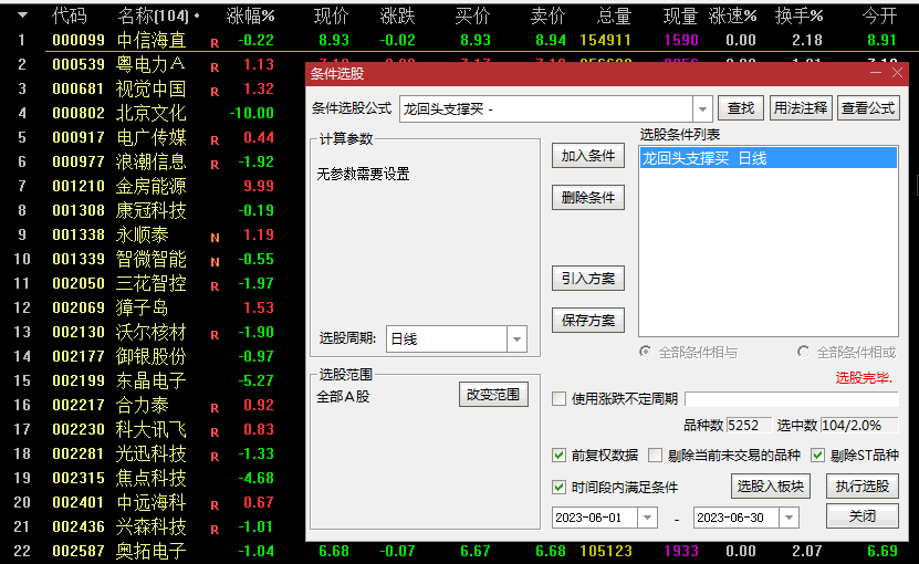 〖龙回头支撑买入法〗副图/选股指标 本轮行情的强势股 回到支撑位再买入 通达信 源码