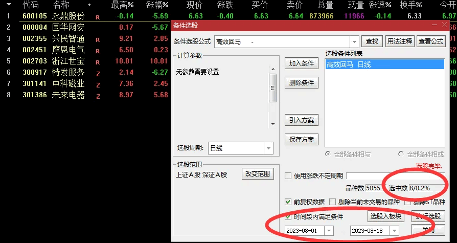 〖高效回马〗副图/选股指标 先看8月所有出票截图再下载 出票少而精 无未来 密码加密 通达信 源码