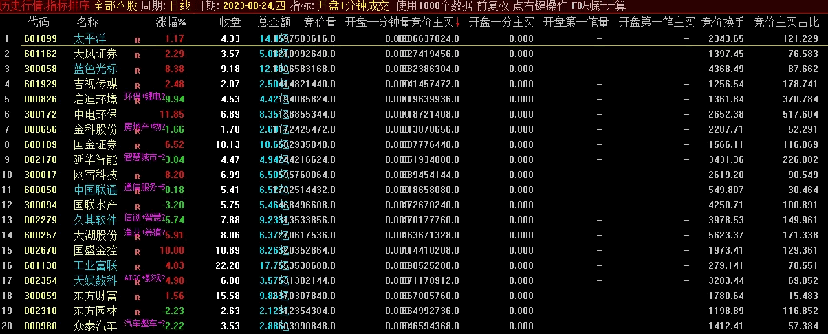 〖开盘1分钟成交排序〗副图指标 竞价主买 开盘主买占比 通达信 源码