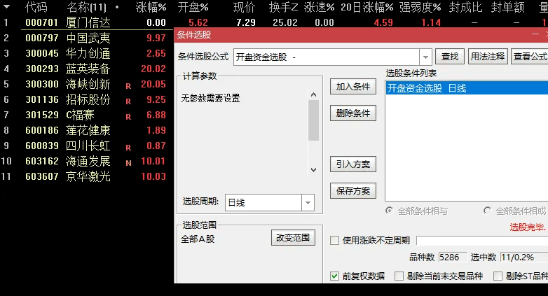 分享一集合竞价指标-〖竞价资金选股〗副图/选股指标 开盘资金选股 成功率100% 通达信 源码