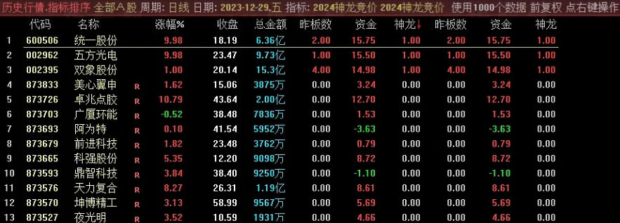 精品〖2024神龙竞价〗排序副图指标 重点关注前2名全天不变 排序指标不支持回测 通达信 源码