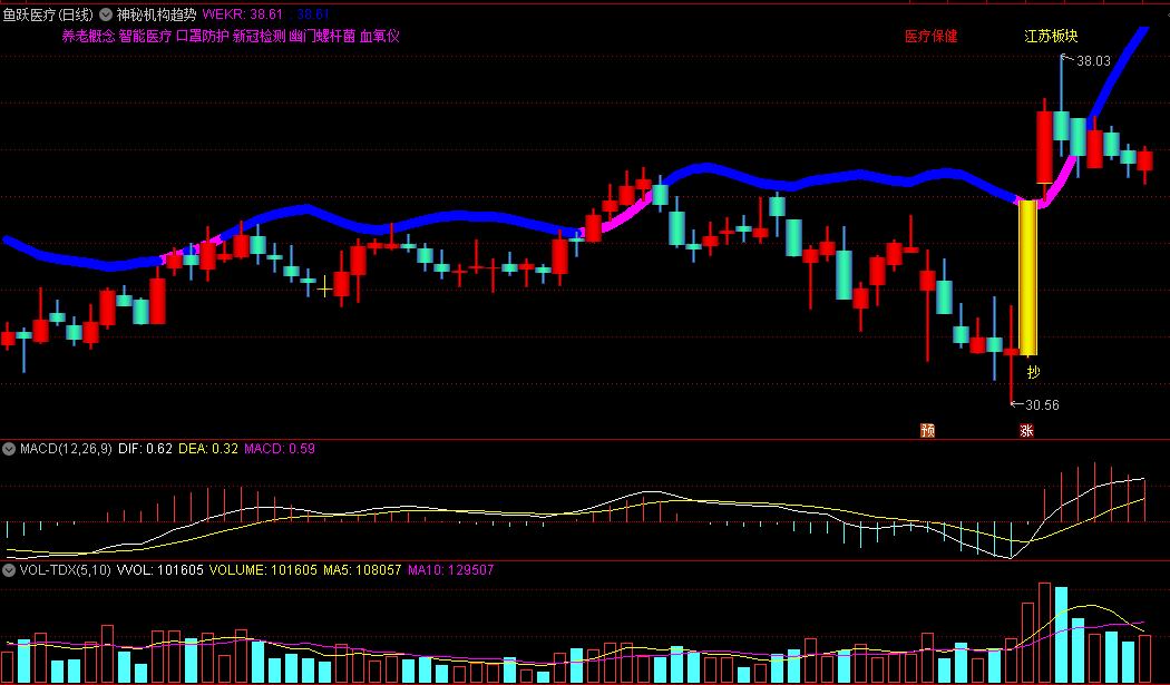 〖神秘机构趋势〗主图/选股指标 股价突破蓝色线后变为紫色主升开启 通达信 源码