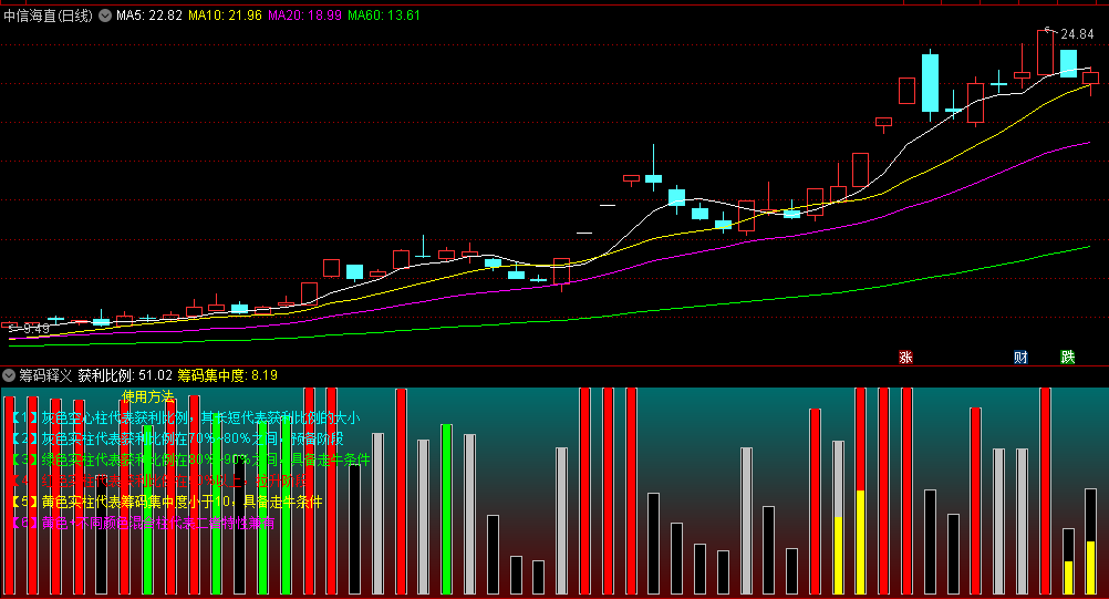 〖筹码释义〗副图指标 红色实柱代表获利比例在90%以上 进入拉升阶段 通达信 源码