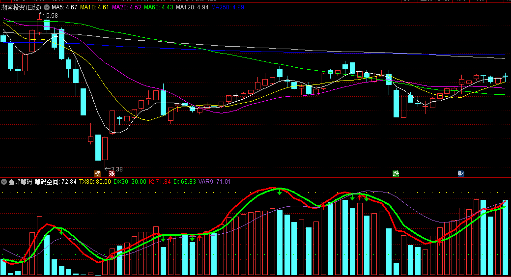 根据红绿箭头做高低峰的雪峰筹码副图公式