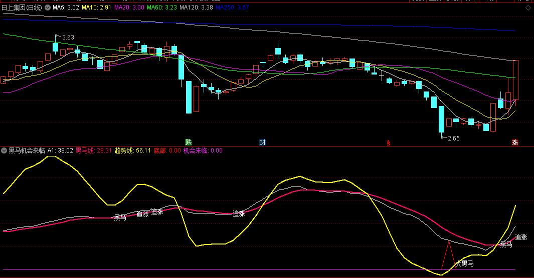 黑马线+趋势线看线做顶底的黑马机会来临副图指标