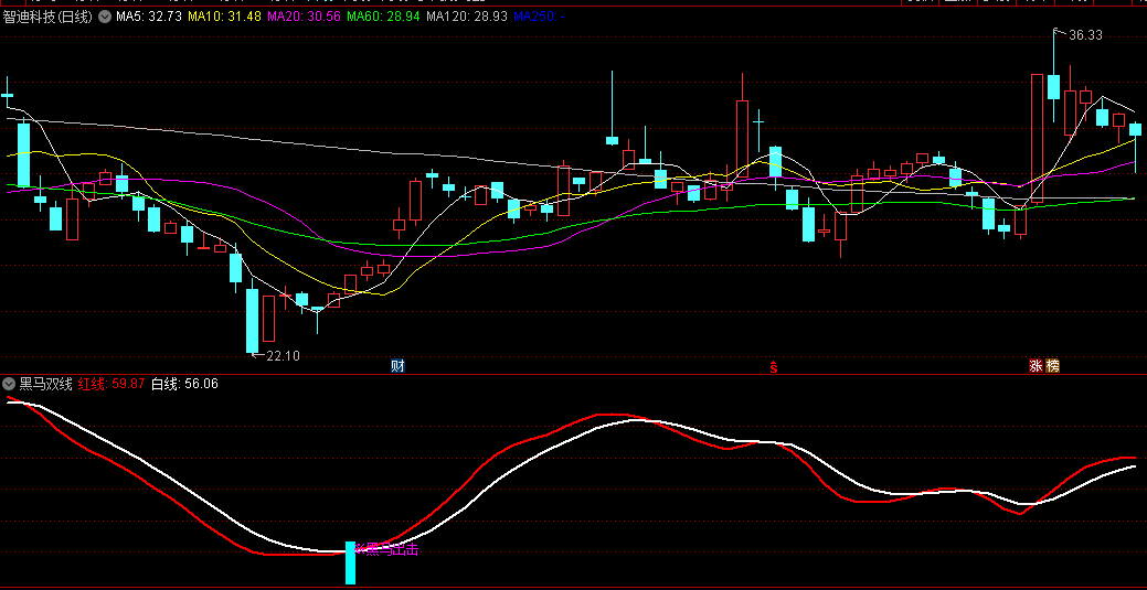 黑马双线副图/选股指标，一种有效的抄底反转动能指标，捕捉阶段性底部的形成，提示适当的时机进行买入操作