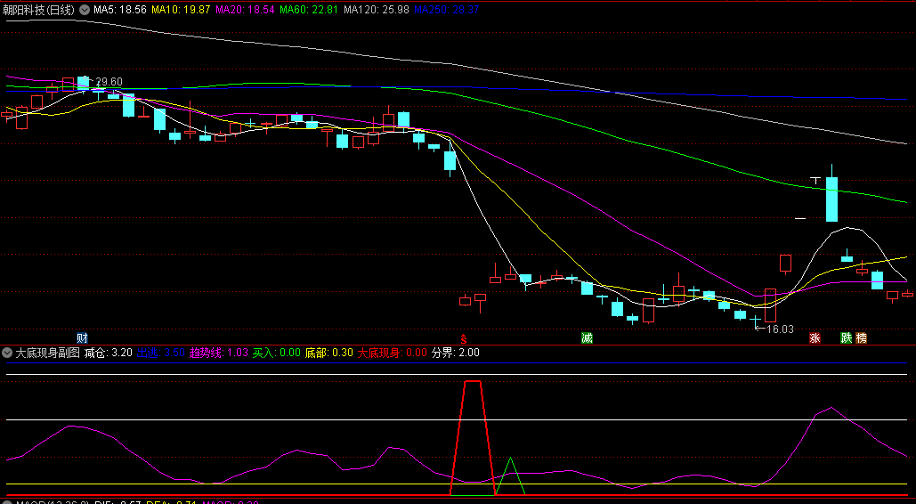 大底现身副图/选股指标，精准捕捉市场底部的到来，红色三角是大底预警信号，绿色三角是买入信号！