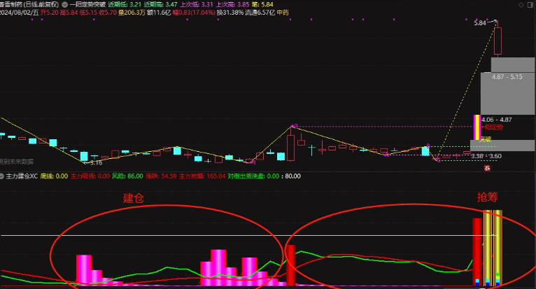 〖主力建仓+吸筹〗副图指标 主力抢筹 对倒出货洗盘 通达信 源码