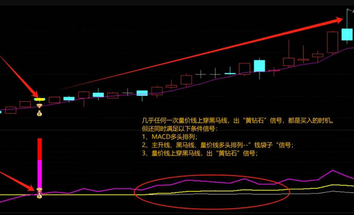 【量价寻黑马】主图/副图/选股指标，量价趋势线穿越黑马标识线，并伴随金钻信号时，即视为理想入场契机