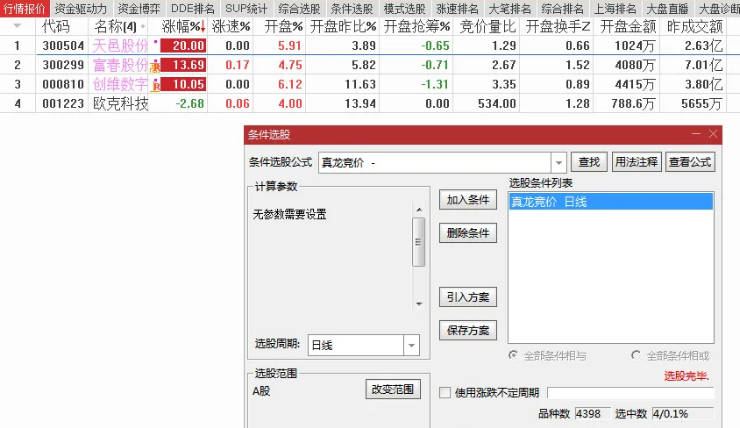 两年前的金钻指标〖真龙竞价〗副图/选股指标，根据网上某甲思路修改而成！