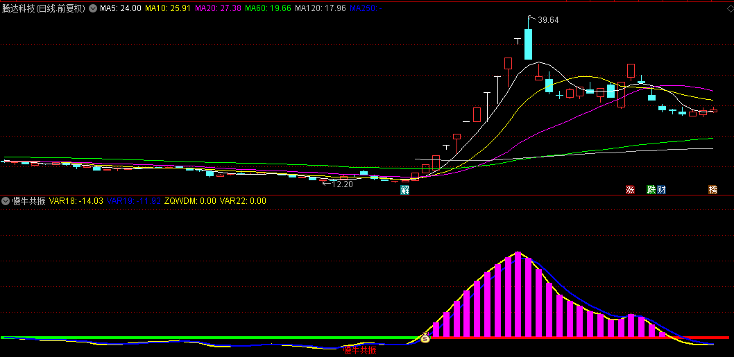 通达信【慢牛共振】副图指标，出现钱袋信号，那是共振信号，可关注！