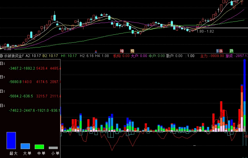【杀破狼资金】副图指标，监控特大单+大单+中单+小单指标，资金净流一清二楚！