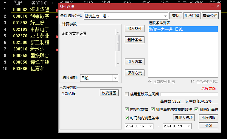 今选【游资主力一进二】副图+选股指标，多重组合，模拟游资和主力打板技法！