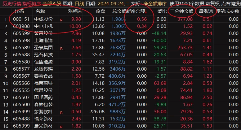 【净金额排序】副图/排序指标，看二分钟金额和量涨速，一个不错的竞价法宝！