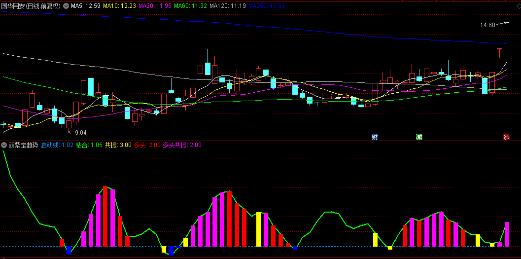 【双紫定趋势】副图/选股指标，出紫色柱子，在5日，10日均线附近低吸！