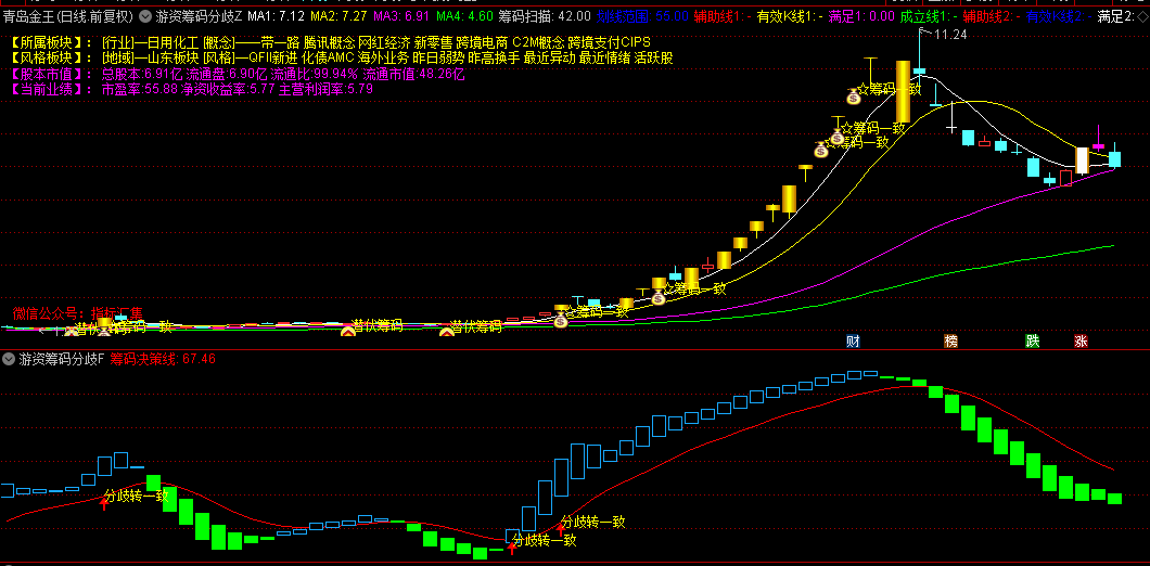 通达信【游资筹码分歧转一致】主图/副图/选股指标，分歧转一致捉妖龙，信号一目了然！