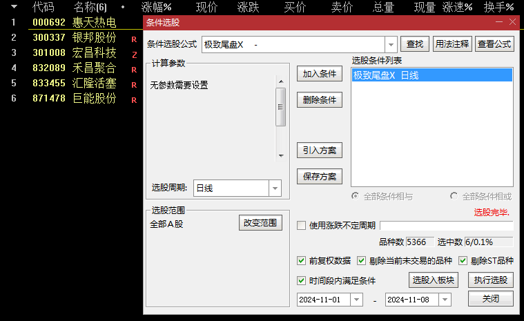 通达信精品【极致尾盘】副图+选股指标，每天一个点，成功率99.8%，无未来函数，可回测！