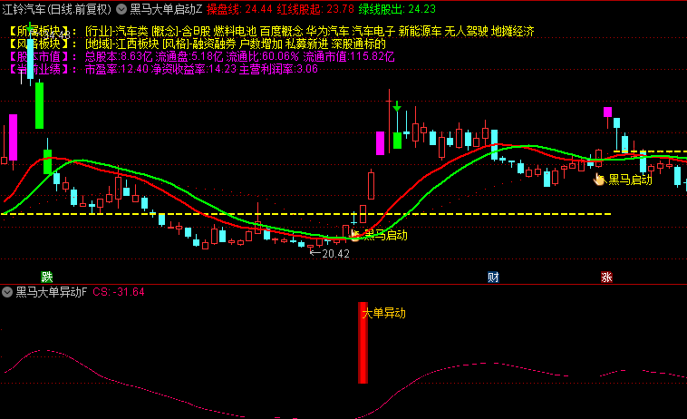 【黑马大单启动】主图/副图/选股指标，庄家控制局面，大单买入，黑马异动拉升！