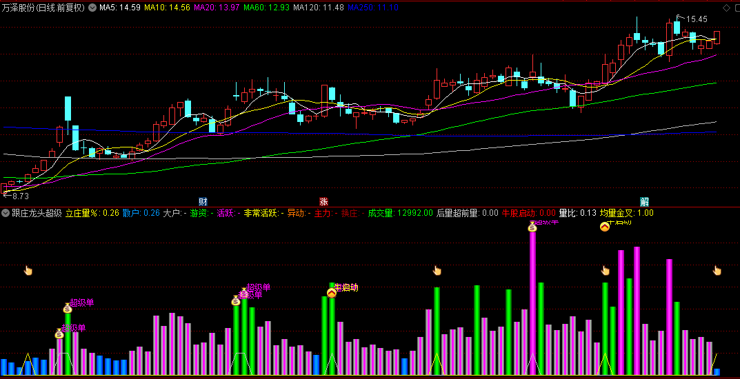 【跟庄龙头超级单】副图和选股指标，监控主力下单资金行为，流入越多上涨概率越大！