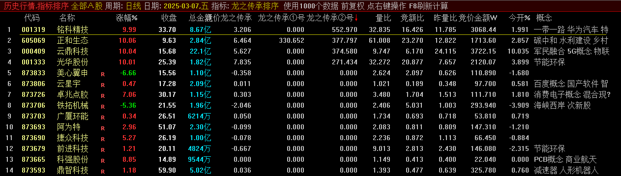 【龙之传承排序】副图指标，竞价策略工具分享，全市场周期通用型竞价指标！