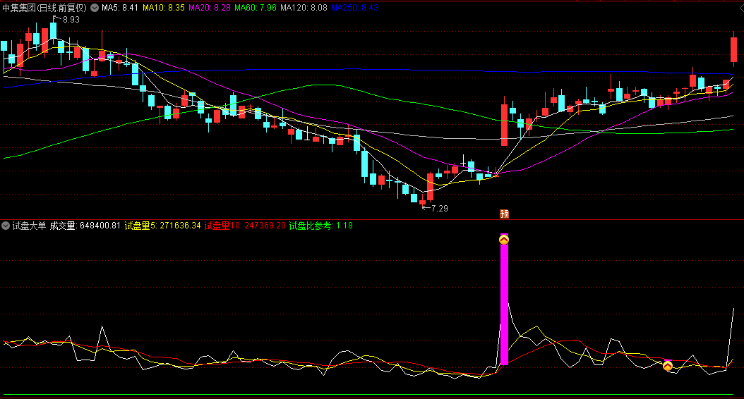 通达信【试盘大单】副图指标 运用了成交量均线系统等手段 寻找买入信号和多空力量的对比