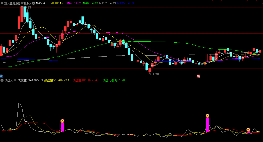 通达信【试盘大单】副图指标 运用了成交量均线系统等手段 寻找买入信号和多空力量的对比